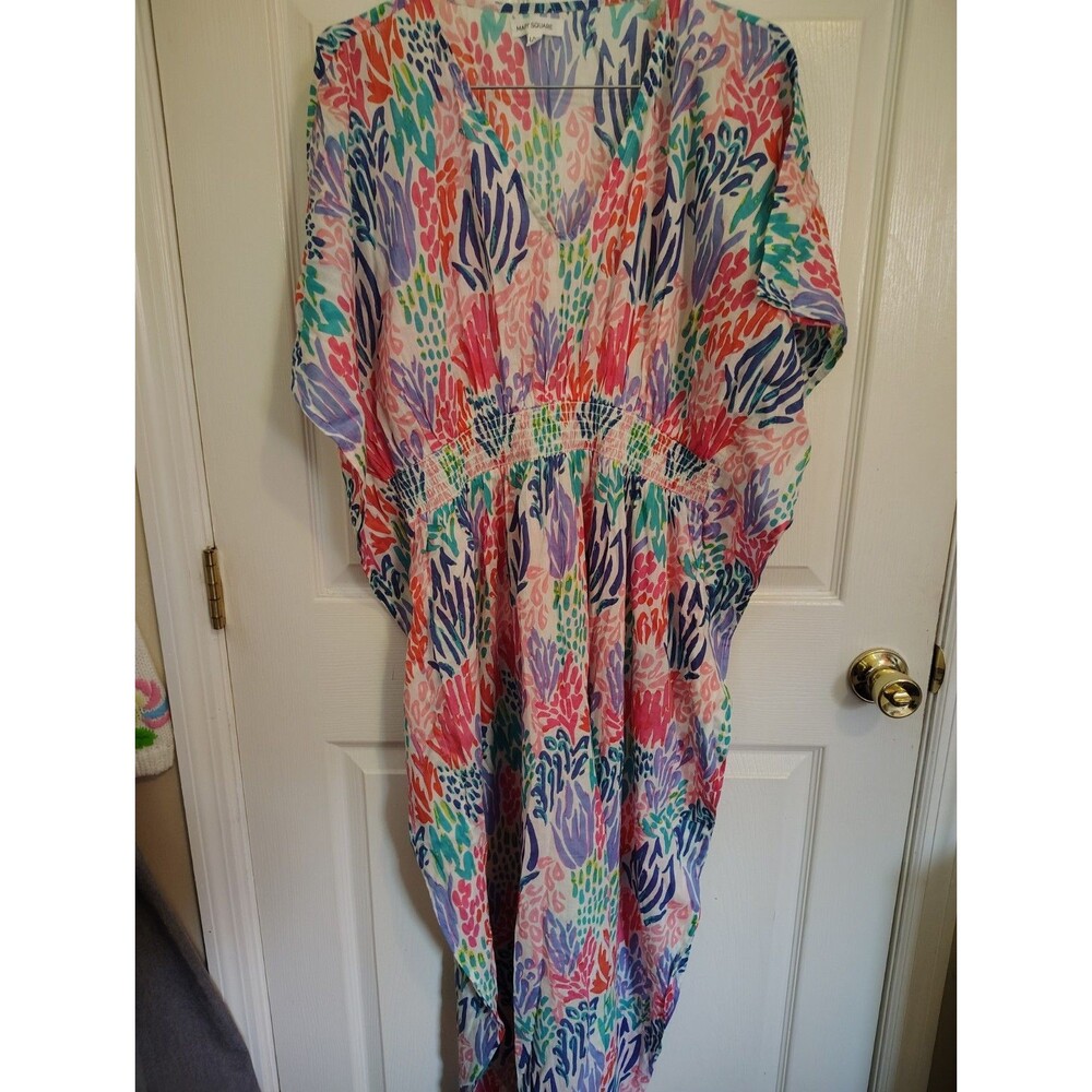 Mary Square Women's L/XL Multicolor Floral V-Neck Kimono Sleeve Maxi Dress